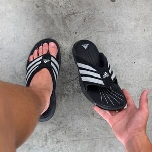 Vintage RARE Adidas Superstar Thong Sandals Black White 3 Stripe Flip Flops 9